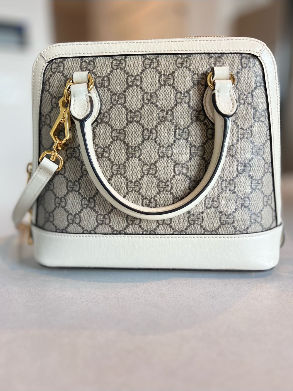 Gucci GG Canvas Satchel in Beige and White with Gold Hardware - Picture 2 of 7